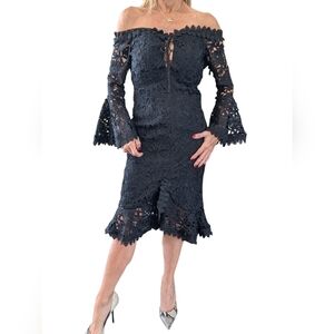 Boston Proper Black Floral LACE Off-Shoulder Glam Elegant Dress Bell Sleeves 0